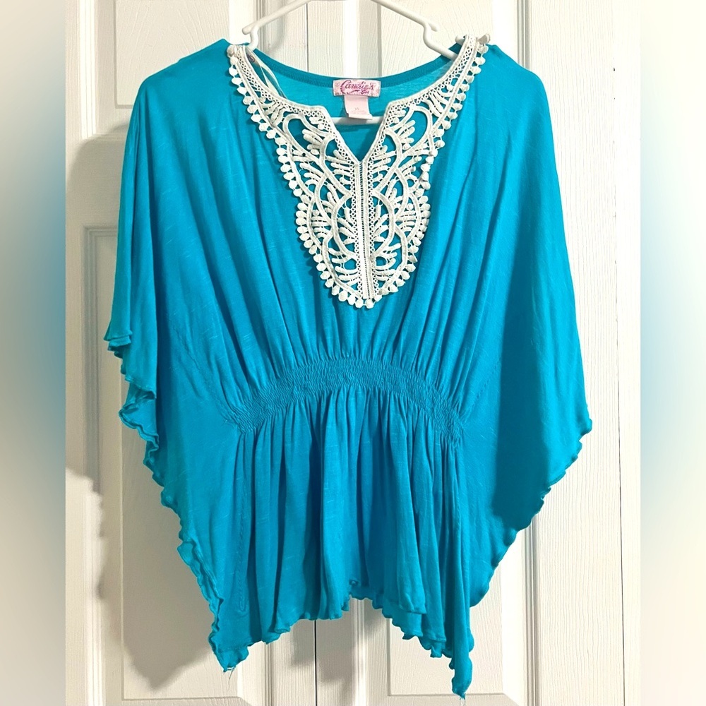 Girls Candies Size XL Peacock Blue Knit Top White Lace Appliqué Elastic Waist